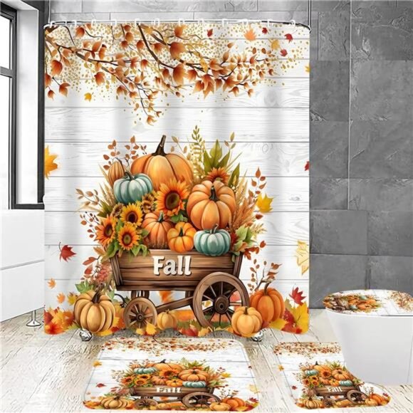 BRAND NEW 4Pcs Thanksgiving Day Shower Curtain Set - Picture 5 of 8
